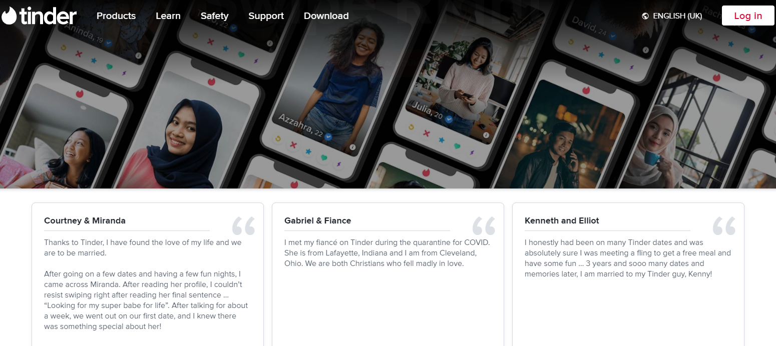 Tampilan website Tinder lengkap dengan kisah cinta sukses pasangan yang bertemu di Tinder 
