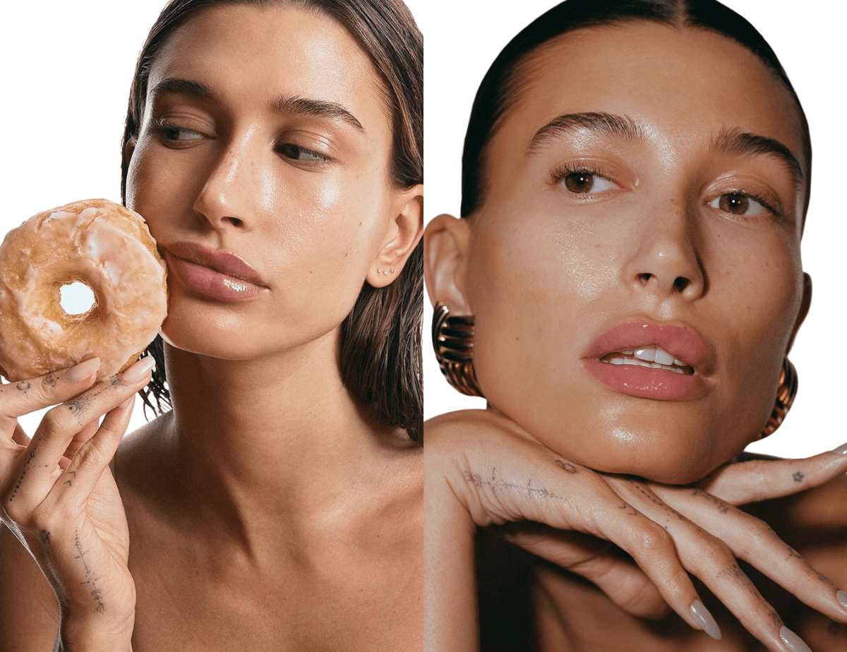 Glazed donut look dari Hailey Bieber. (Foto: Instagram/haileybieber dan Instagram/rhode)